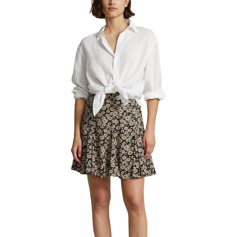 Polo Ralph Lauren Floral Crepe Godet Mini Skirt Flowers In Brown and Cream NWOT